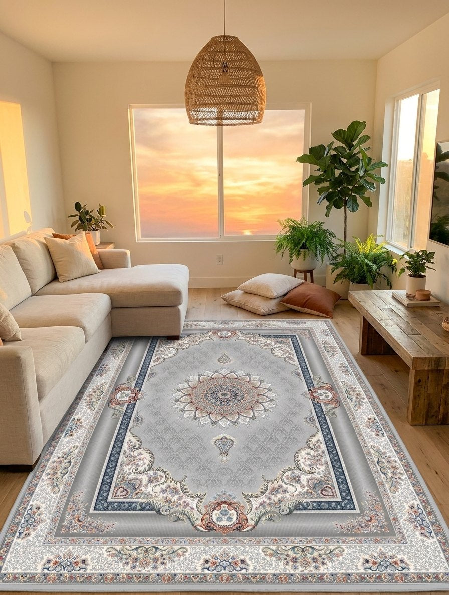 Light Gray Floral Persian Rug · 1200 Reeds rug styled in a Sacramento home — Stylish Rugs & Carpets