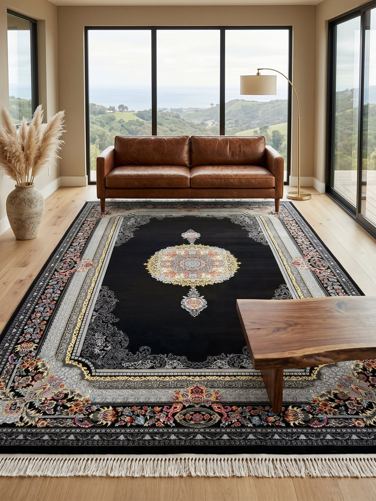 Cream & Black Medallion Persian Rug styled in a room — Stylish Rugs & Carpets, Sacramento