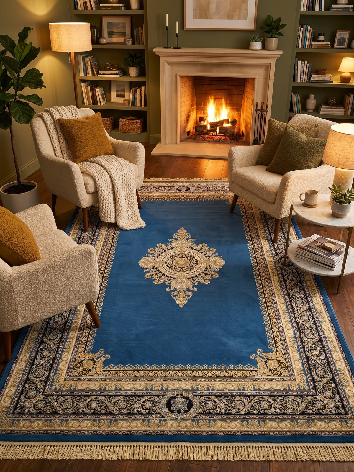 Dark Blue Medallion Persian Rug styled in a room — Stylish Rugs & Carpets, Sacramento