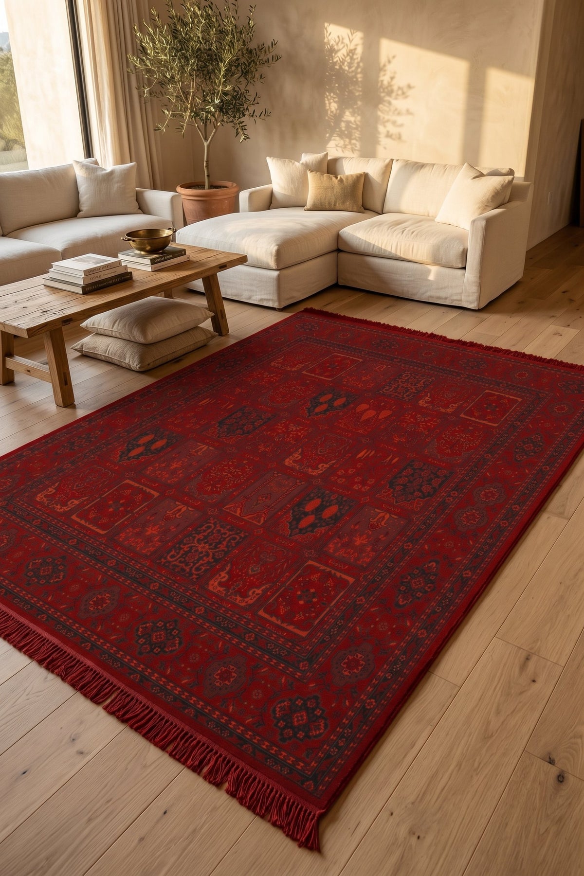 Red Bakhtiari Panel Turkish Rug — area rug styled in a room, Stylish Rugs & Carpets, Sacramento