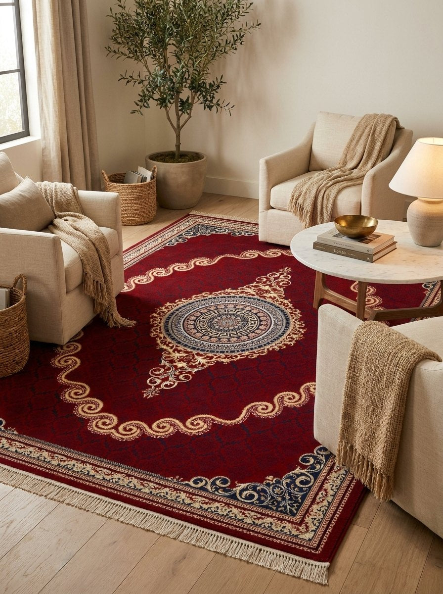 Red & Gold Scroll Persian Rug · 1200 Reeds — size 6.5x10 Feet (200x300 cm) 6Meters shown to scale in a living room — Stylish Rugs & Carpets, Sacramento