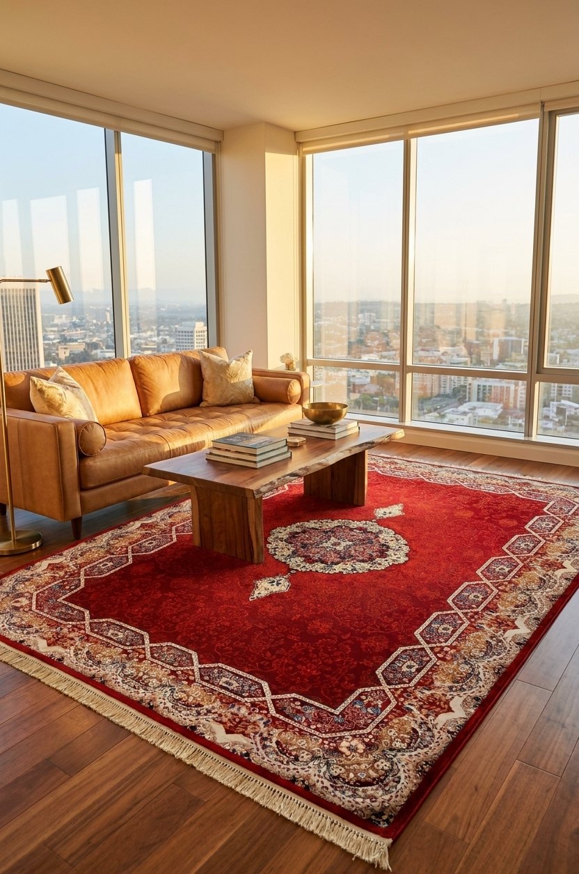 Red Medallion Persian Rug · 1200 Reeds — area rug styled in a room, Stylish Rugs & Carpets, Sacramento