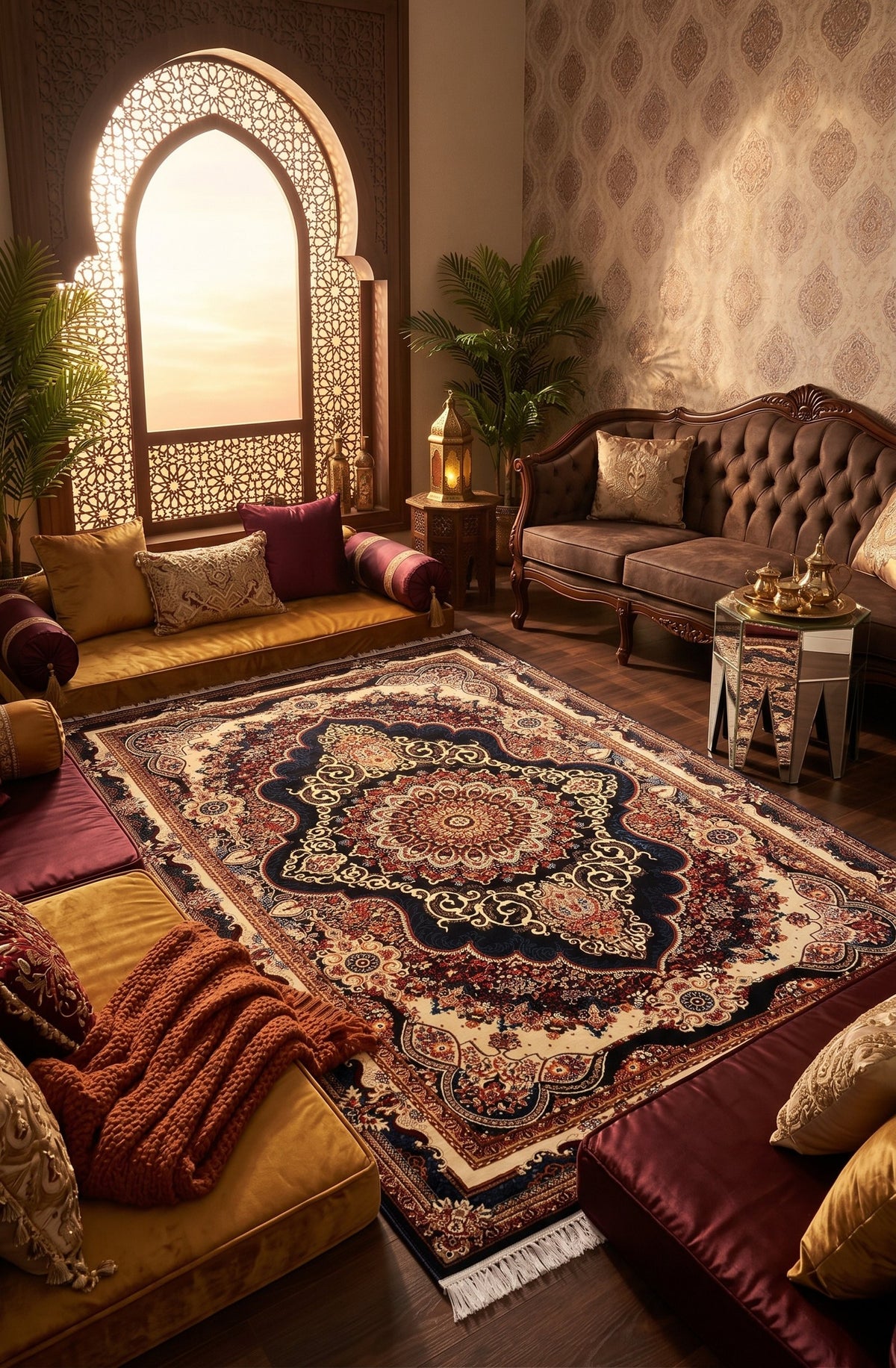 Traditional Kashan Blue Floral Turkish Rug 1200 Reeds styled in a room — Stylish Rugs & Carpets, Sacramento