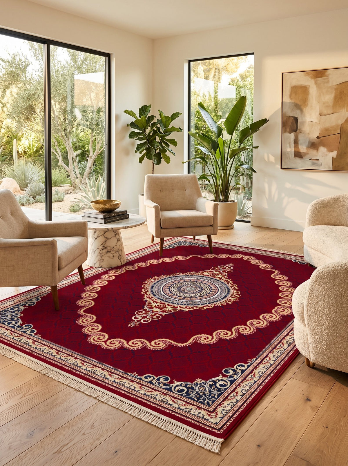 Crimson Red & Gold Scroll Persian Rug · 1200 Reeds — size 5x7.5 ft (150x230 cm) 3.5Meters shown to scale in a living room — Stylish Rugs & Carpets, Sacramento