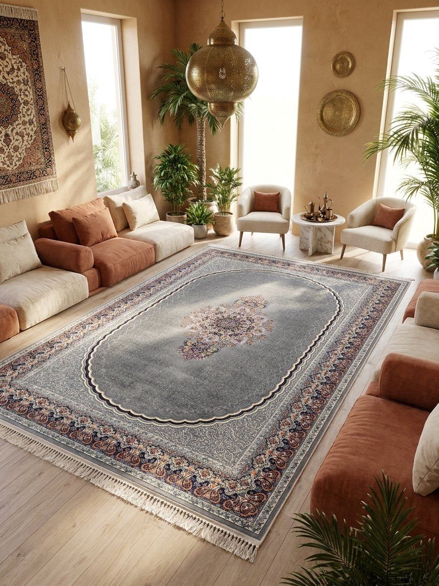 Light Gray Medallion Persian Rug · 1200 Reeds rug styled in a Sacramento home — Stylish Rugs & Carpets