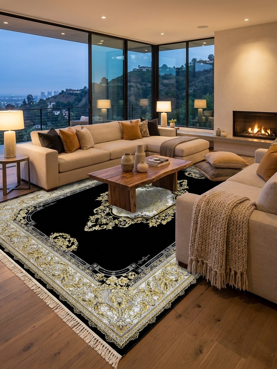 Gold Medallion Shah Persian Rug rug styled in a Sacramento home — Stylish Rugs & Carpets