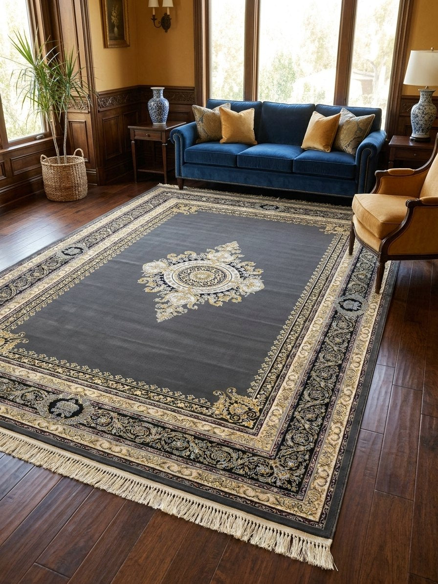 Gray & Gold Medallion Darbar Persian Rug rug styled in a Sacramento home — Stylish Rugs & Carpets