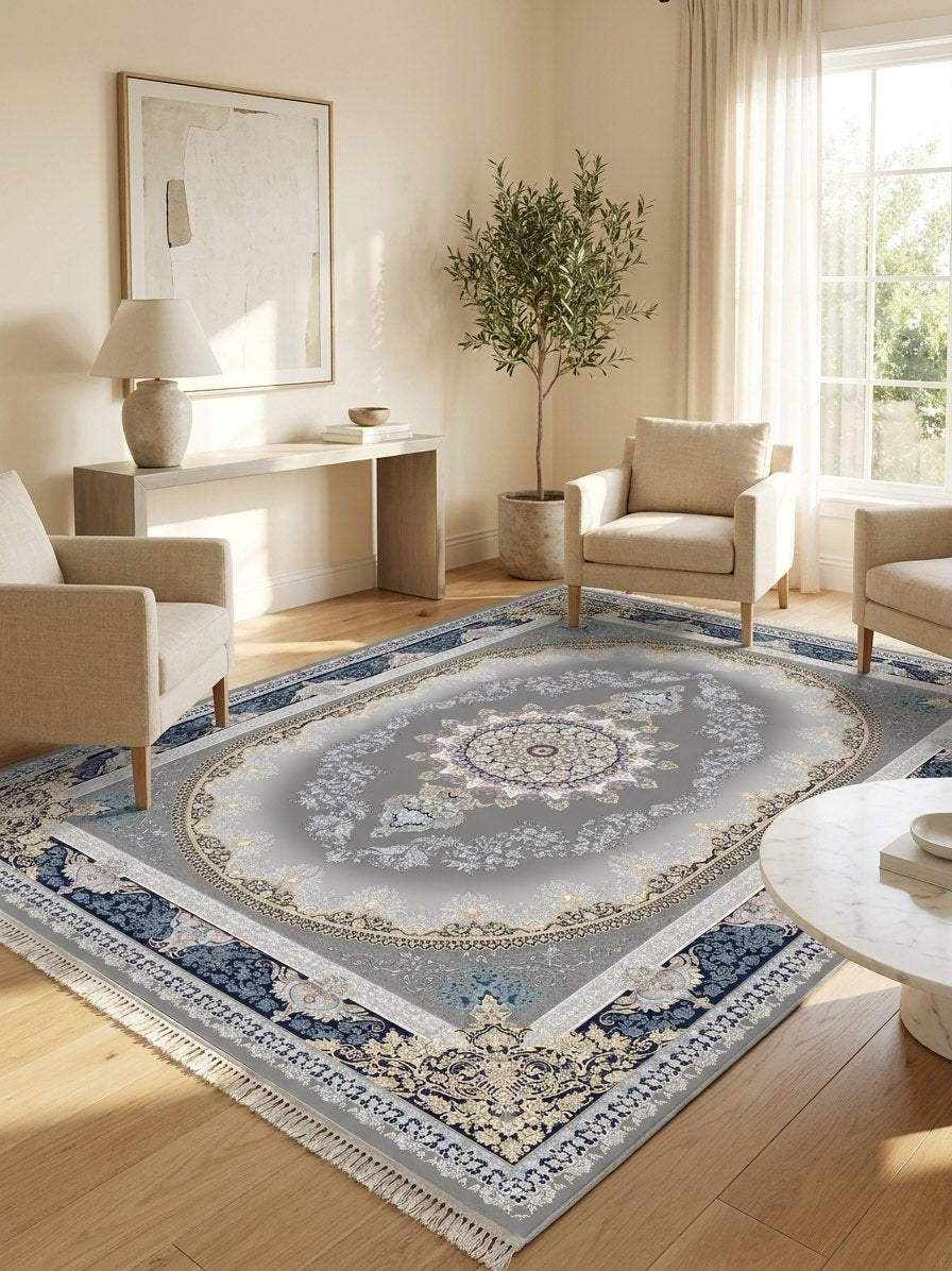 Navy Medallion Persian Rug · 1200 Reeds — size 5x7.5 ft (150x230 cm) 3.5Meters shown to scale in a living room — Stylish Rugs & Carpets, Sacramento