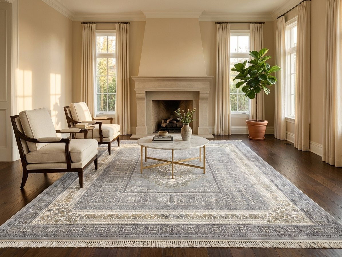 Light Gray Medallion Persian Rug · 1200 Reeds rug styled in a Sacramento home — Stylish Rugs & Carpets
