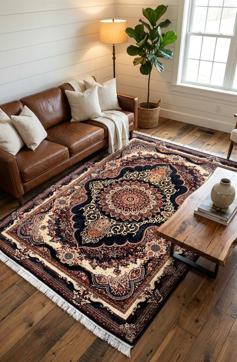 Traditional Kashan Blue Floral Turkish Rug 1200 Reeds — area rug styled in a room, Stylish Rugs & Carpets, Sacramento