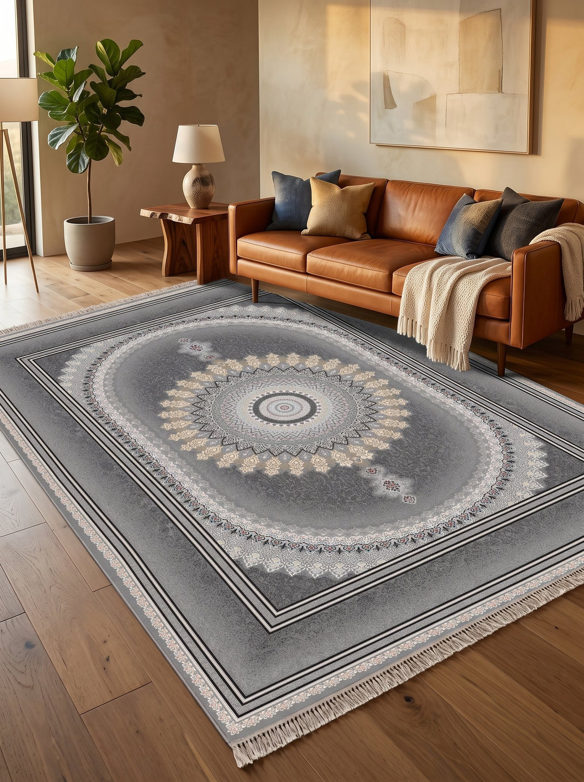 Dark Gray Oval Medallion Persian Rug · 1200 Reeds styled in a room — Stylish Rugs & Carpets, Sacramento