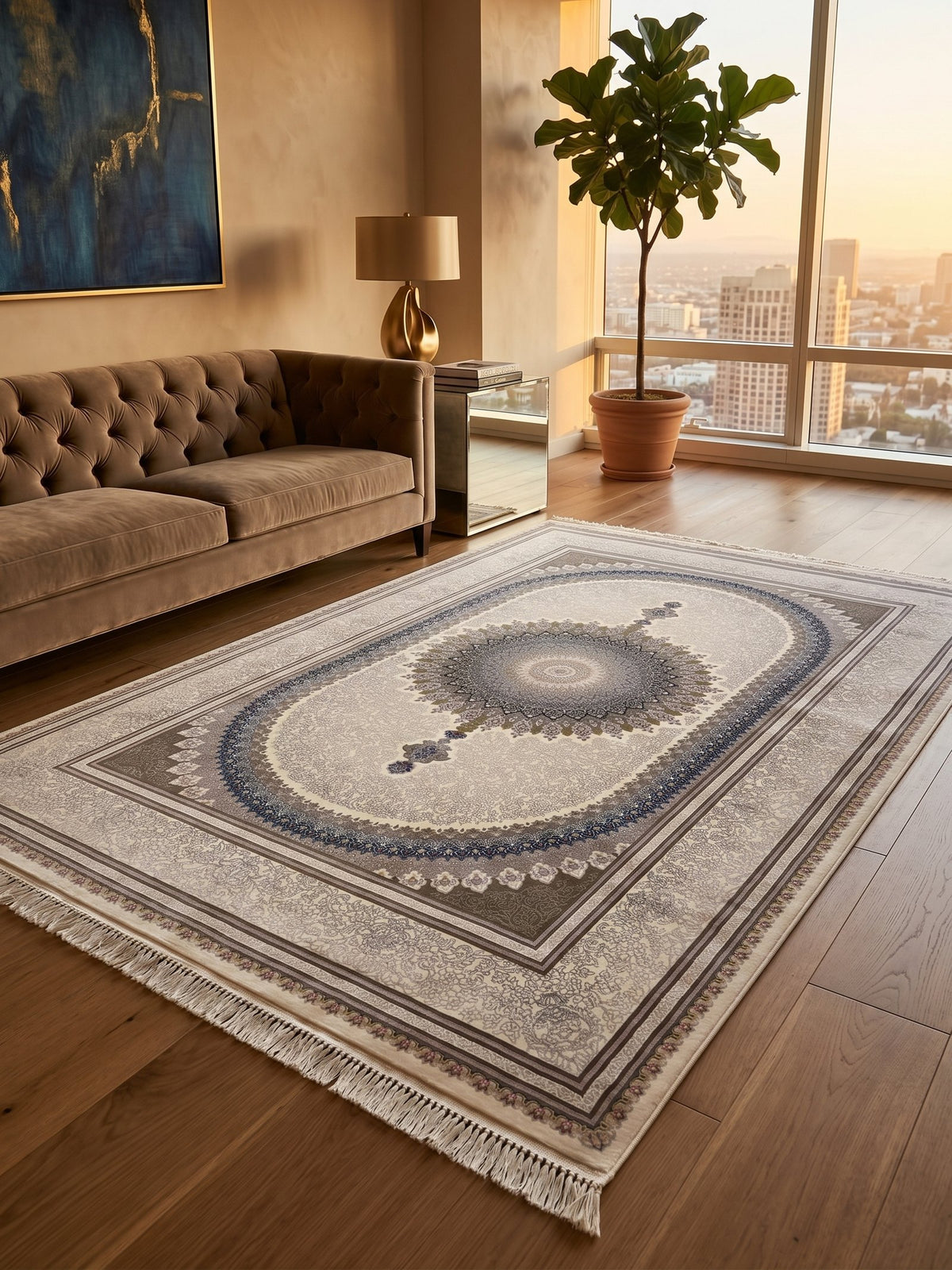 Ivory & Beige Medallion Persian Rug · 1200 Reeds styled in a room — Stylish Rugs & Carpets, Sacramento