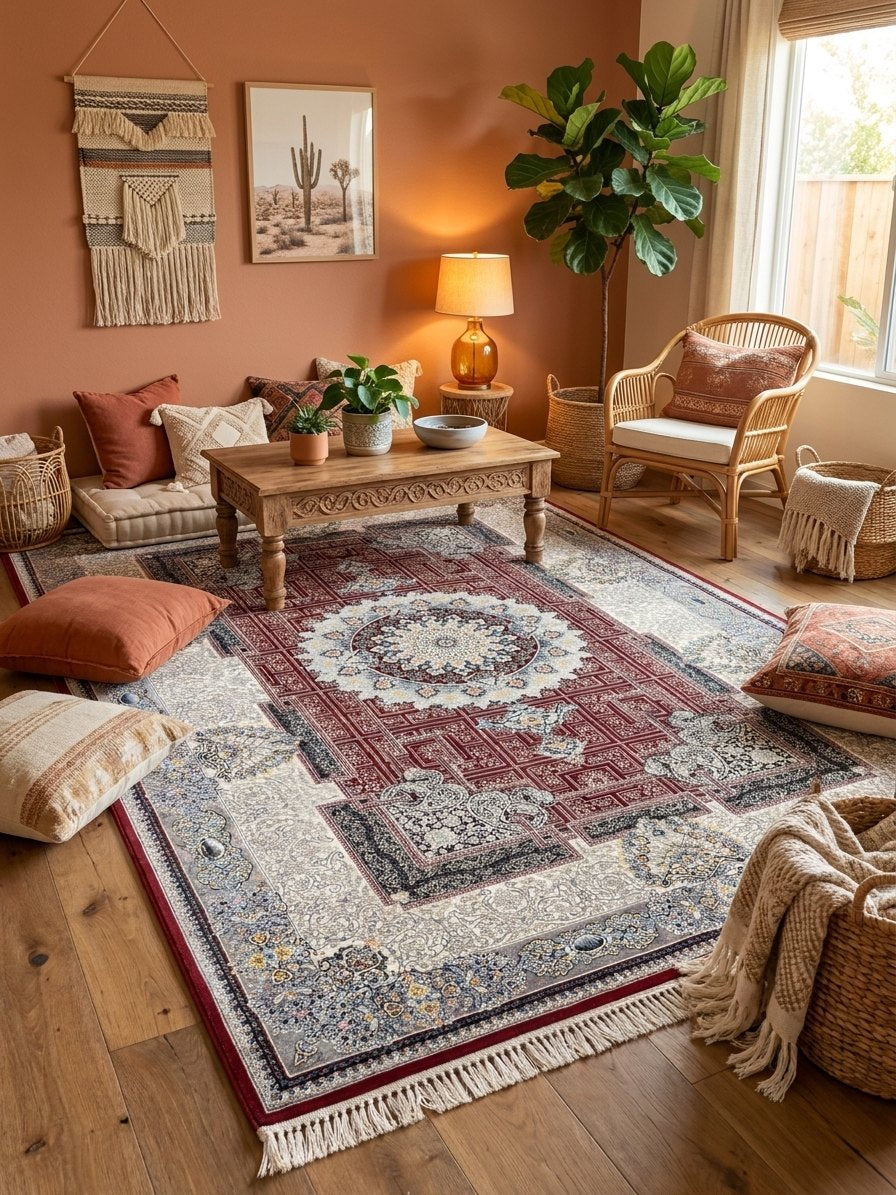 Red & Cream Medallion Persian Rug rug styled in a Sacramento home — Stylish Rugs & Carpets