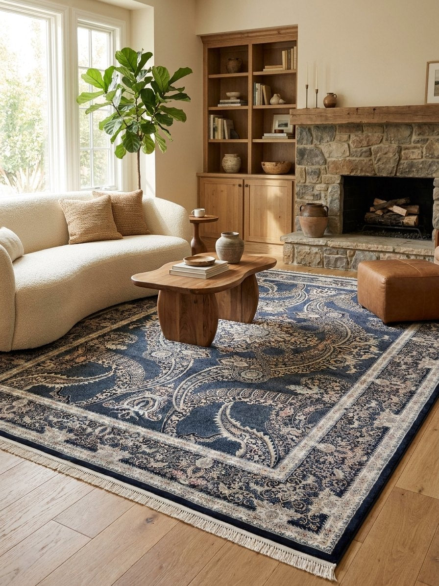 Kashan Navy Persian Design Rugs 2 Million Points rug styled in a Sacramento home — Stylish Rugs & Carpets