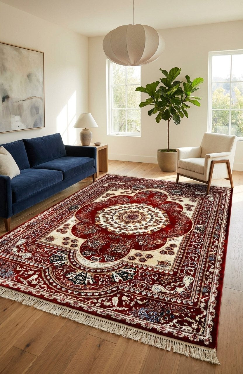 Red & Cream Persian Floral Rug — size Microfiber / 3.2x13 Feet (100x400 cm) shown to scale in a living room — Stylish Rugs & Carpets, Sacramento