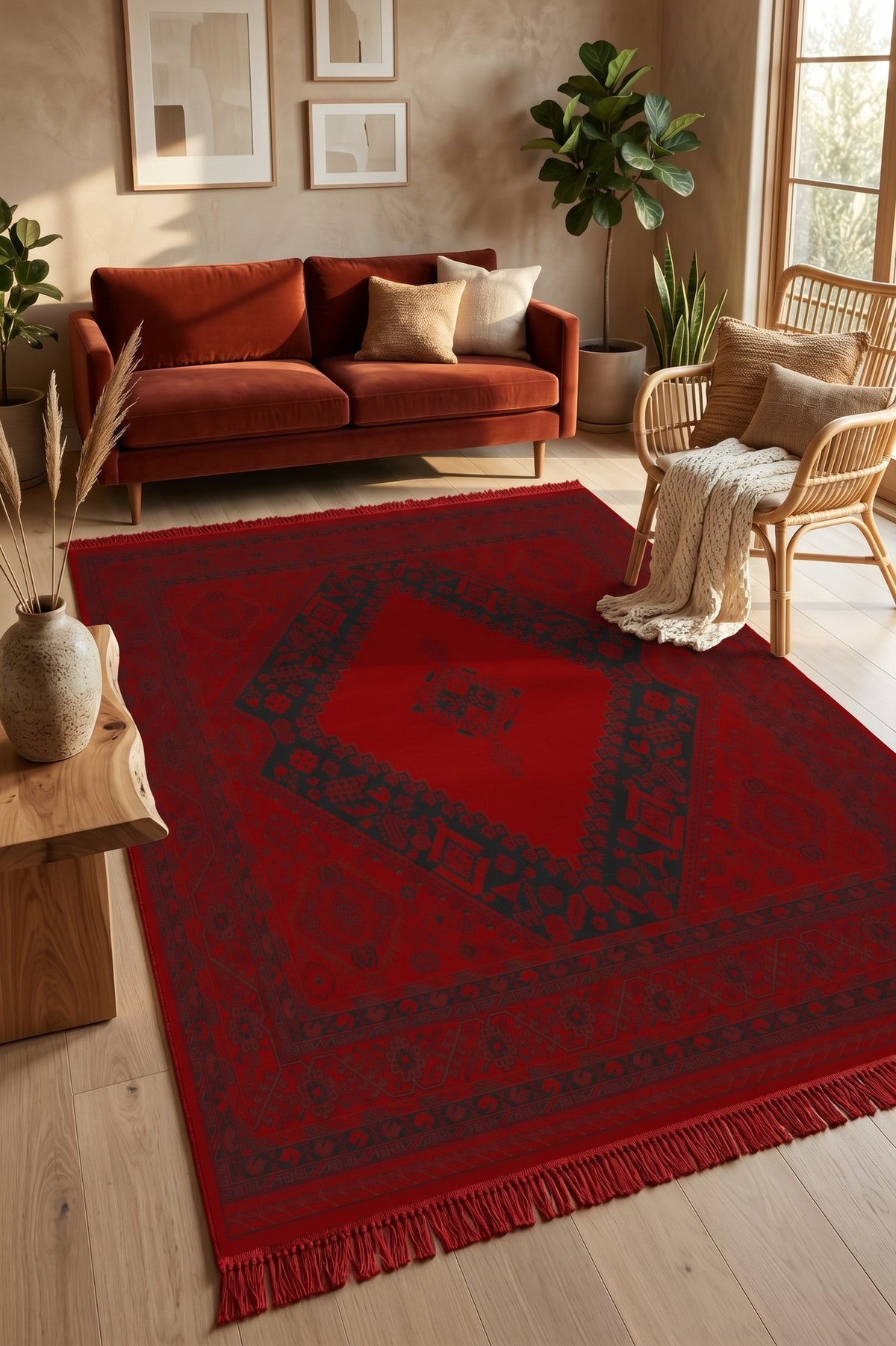 Red Aqcha Turkmen Turkish Rug — area rug styled in a room, Stylish Rugs & Carpets, Sacramento