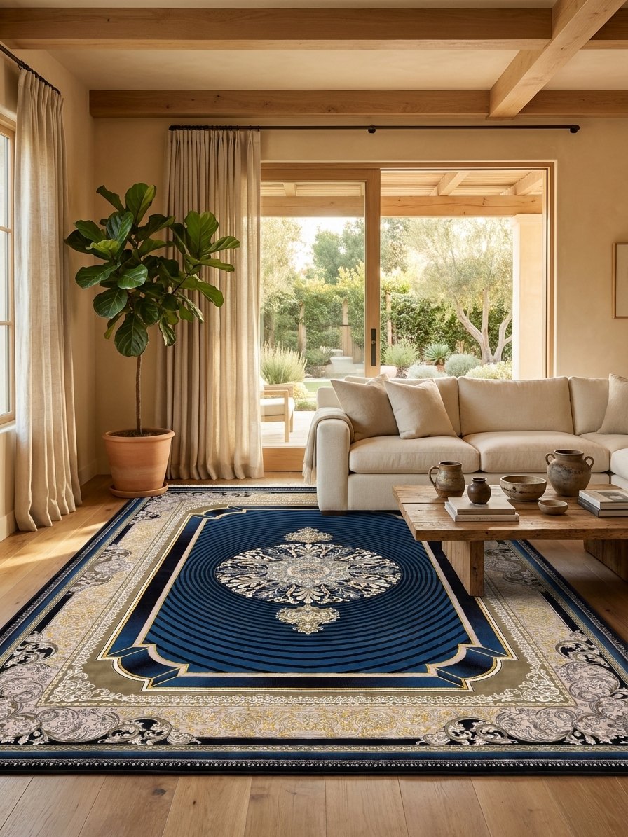 Navy 3D Persian Rug · 1200 Reeds rug styled in a Sacramento home — Stylish Rugs & Carpets