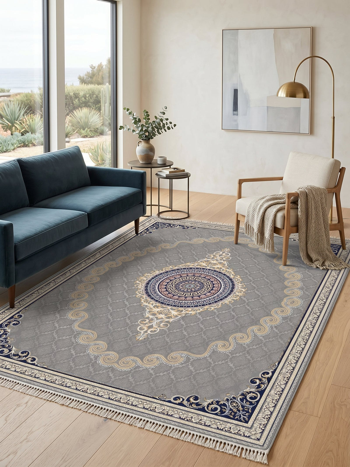 Silver Gray & Gold Scroll Persian Rug · 1200 Reeds — size 6.5x10 Feet (200x300 cm) 6Meters shown to scale in a living room — Stylish Rugs & Carpets, Sacramento