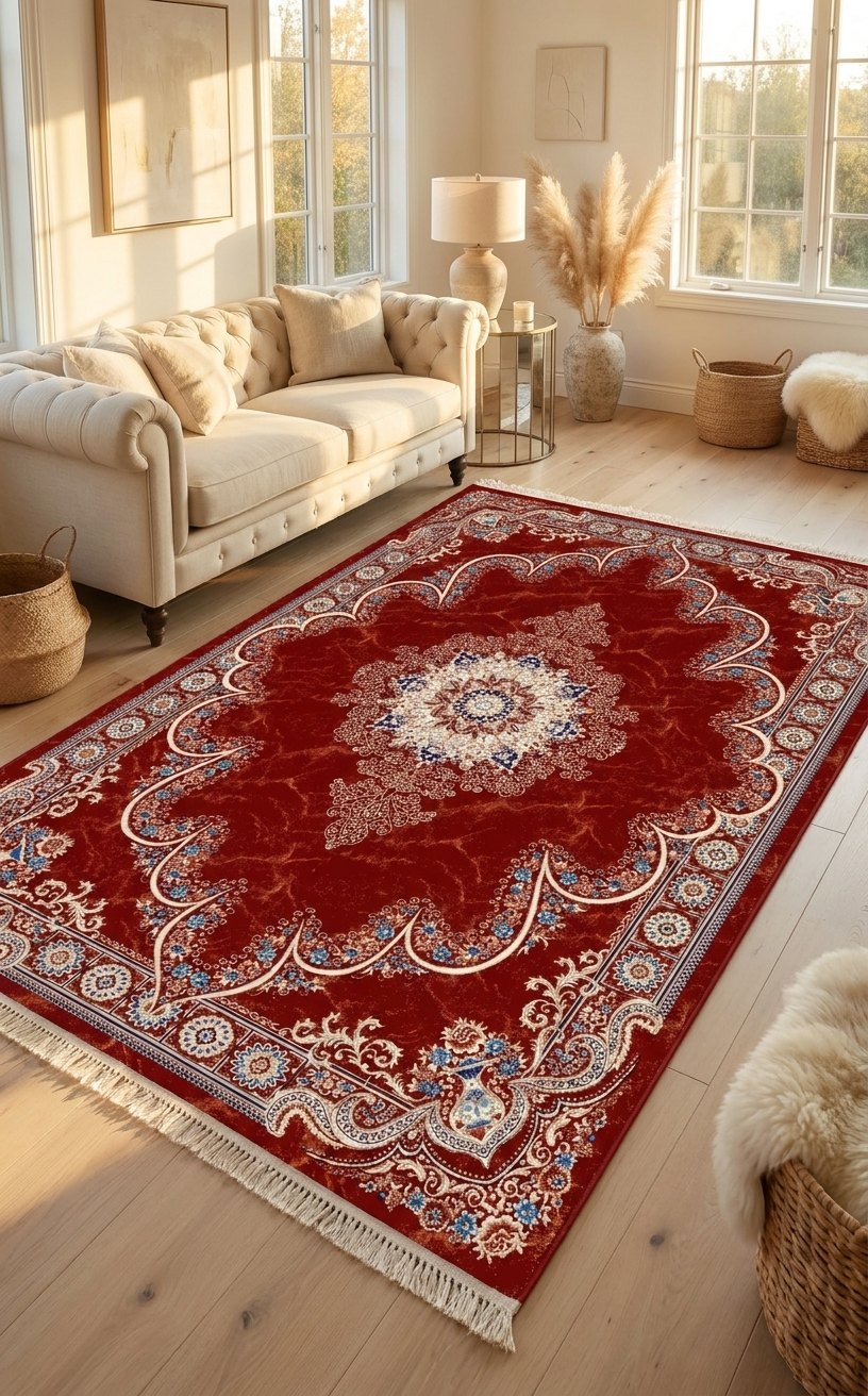Star Kashan Persian Rug, Red — 1200 Reeds — area rug styled in a room, Stylish Rugs & Carpets, Sacramento
