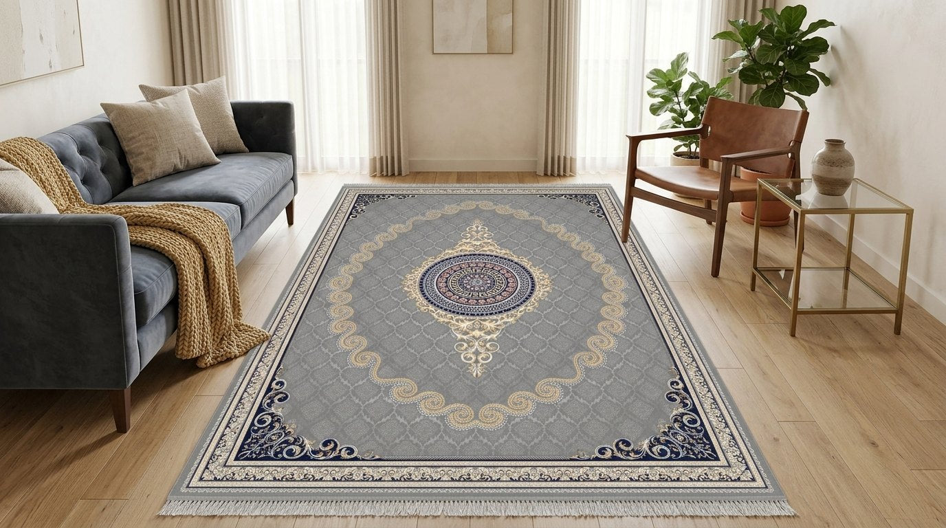 Silver & Gold Scroll Persian Rug · 1200 Reeds — size 3x13 Feet (91x400 cm) 4Meters Runner shown to scale in a living room — Stylish Rugs & Carpets, Sacramento