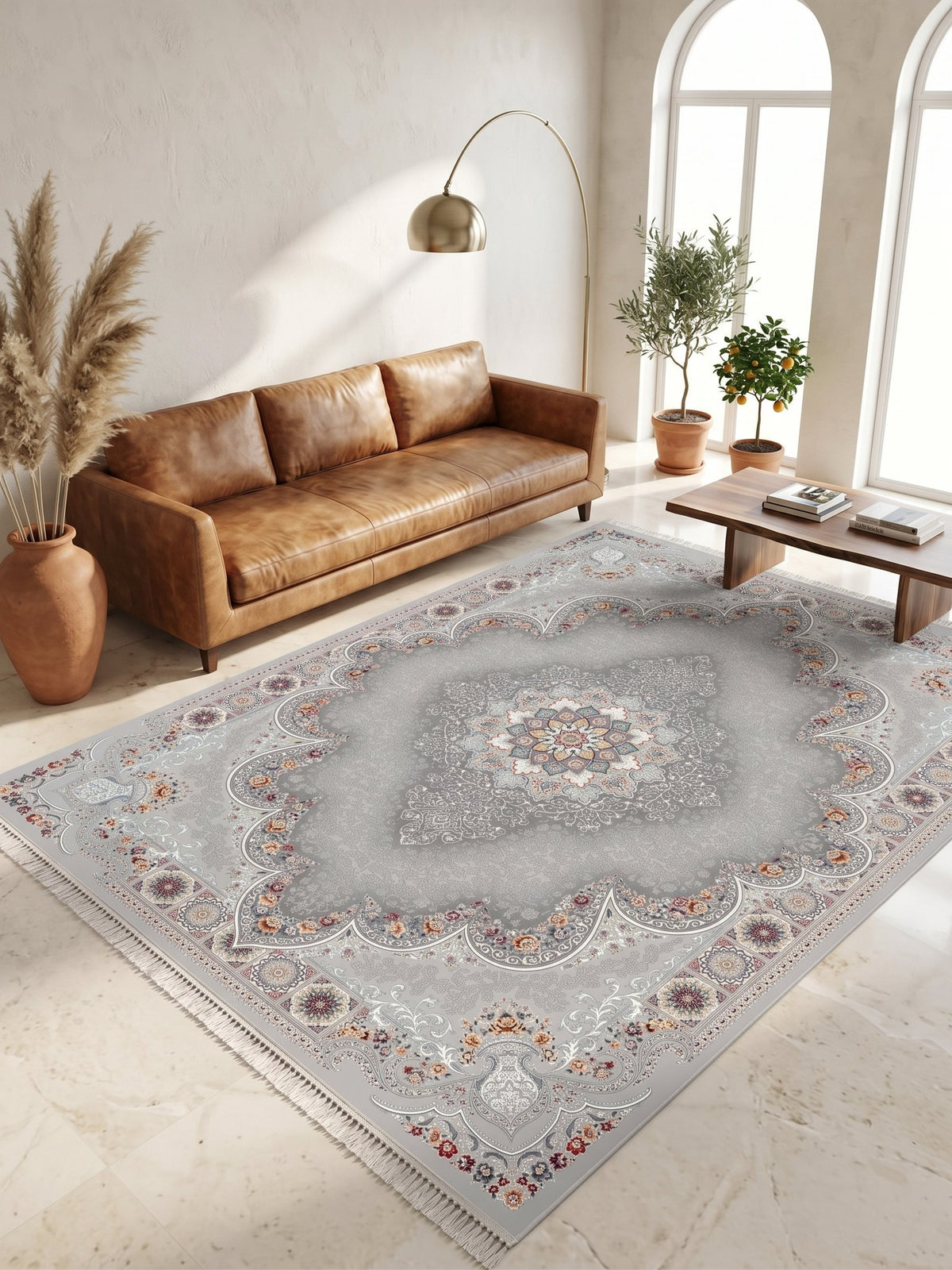 Light Gray Ornate Arch Medallion Persian Rug · 1200 Reeds styled in a room — Stylish Rugs & Carpets, Sacramento
