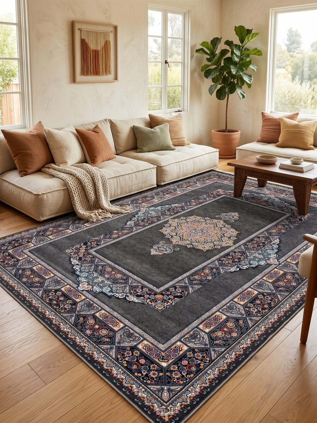 Dark Gray Classic Medallion Persian Rug · 1200 Reeds — size 5x7.5 ft (150x230 cm) 3.5Meters shown to scale in a living room — Stylish Rugs & Carpets, Sacramento