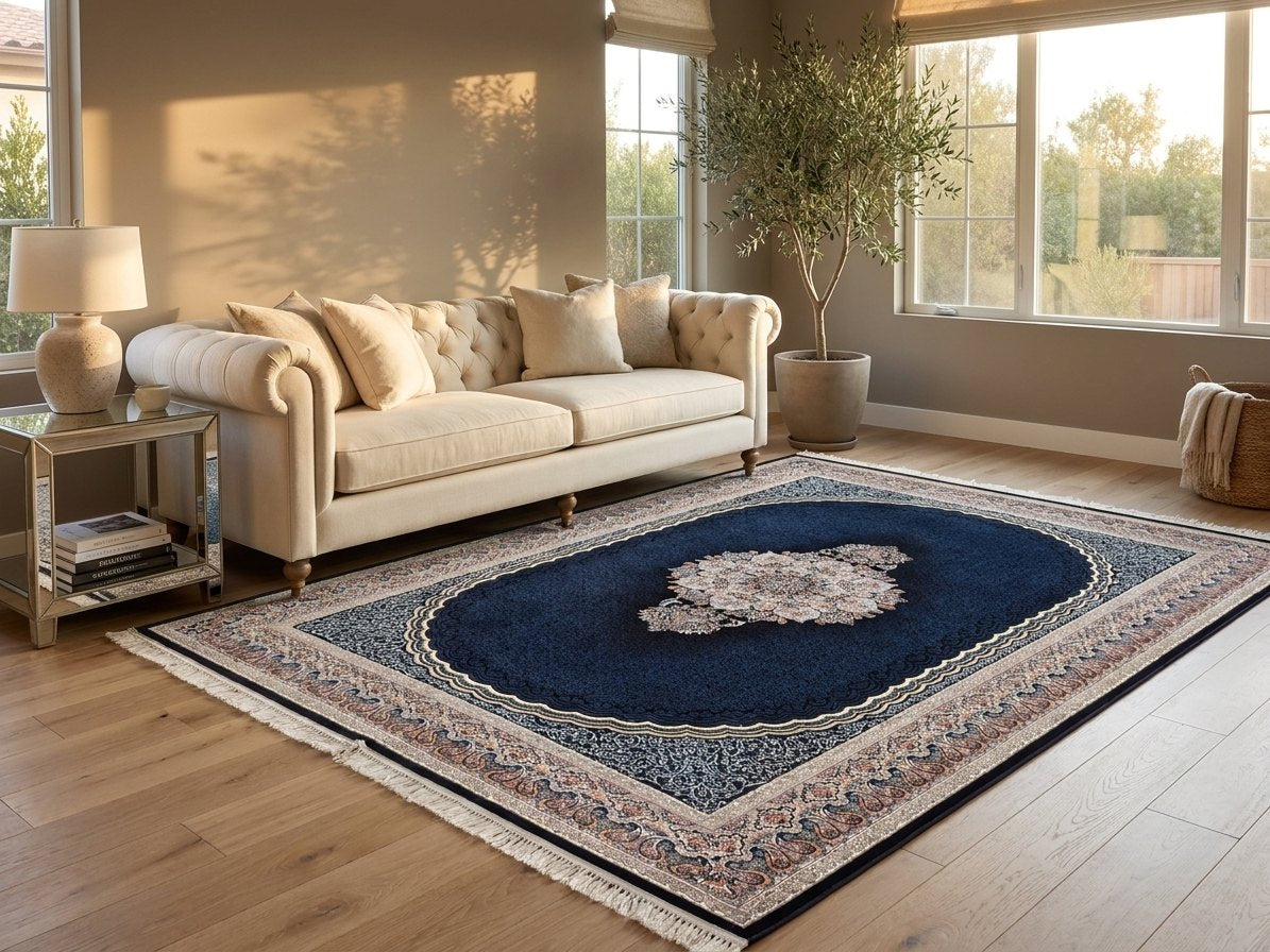 Navy Medallion Persian Rug · 1200 Reeds — size 8.2x11.5 Feet (250x350 cm) 9Meters shown to scale in a living room — Stylish Rugs & Carpets, Sacramento