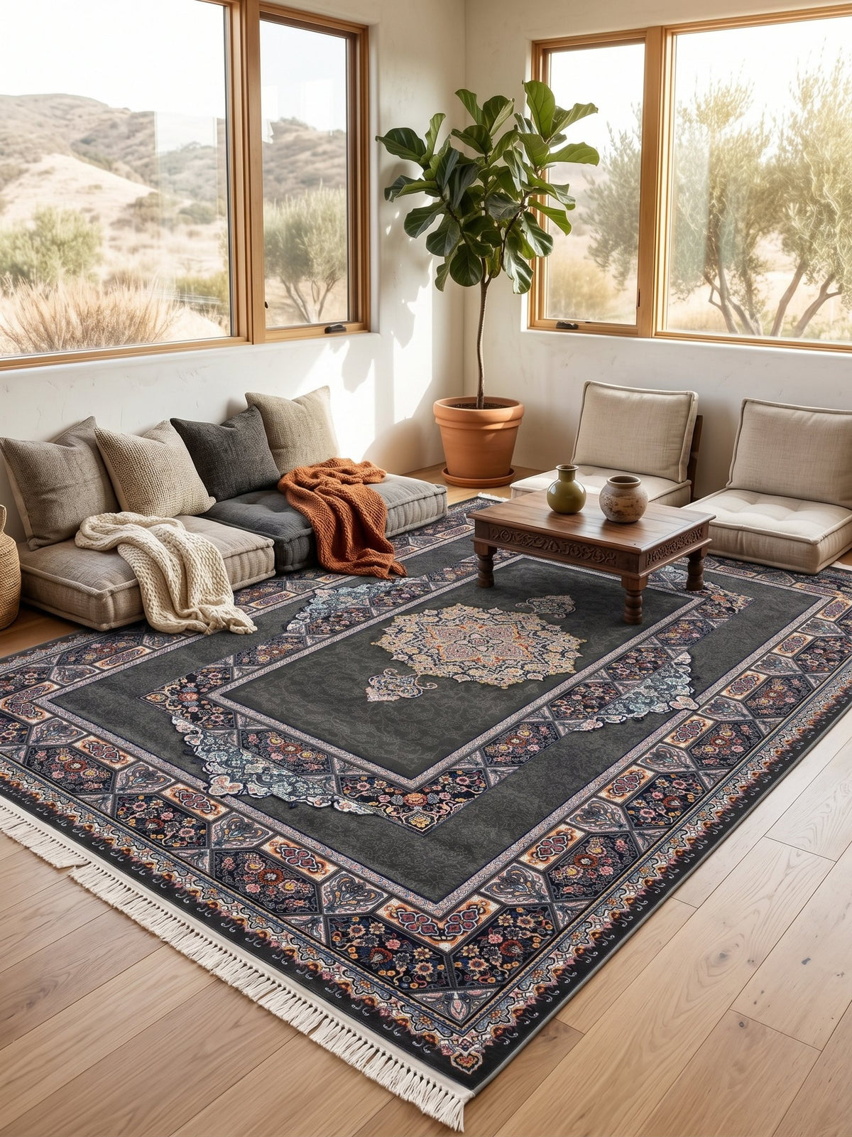 Dark Gray Classic Medallion Persian Rug · 1200 Reeds — size 3x6Feet (91x200cm) 2Meters Runner shown to scale in a living room — Stylish Rugs & Carpets, Sacramento