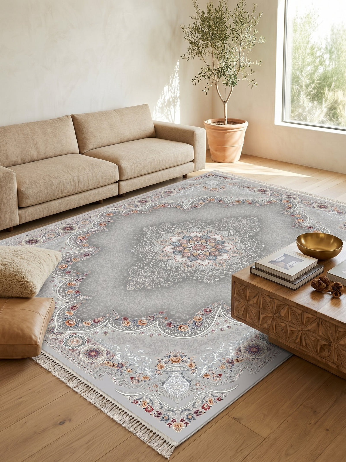 Light Gray Ornate Arch Medallion Persian Rug · 1200 Reeds — size 10x13 Feet (300x400 cm) 12Meters shown to scale in a living room — Stylish Rugs & Carpets, Sacramento