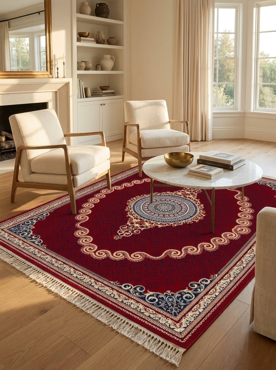 Red & Gold Scroll Persian Rug · 1200 Reeds — size 3x6Feet (91x200cm) 2Meters Runner shown to scale in a living room — Stylish Rugs & Carpets, Sacramento