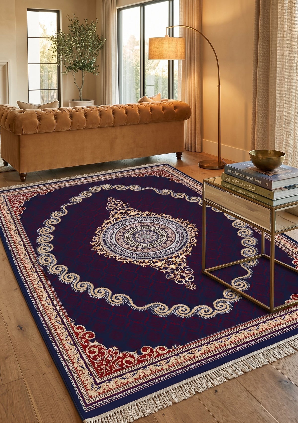 Burgundy & Gold Scroll Persian Rug · 1200 Reeds — size 10×13 ft (300×400 cm) shown to scale in a living room — Stylish Rugs & Carpets, Sacramento