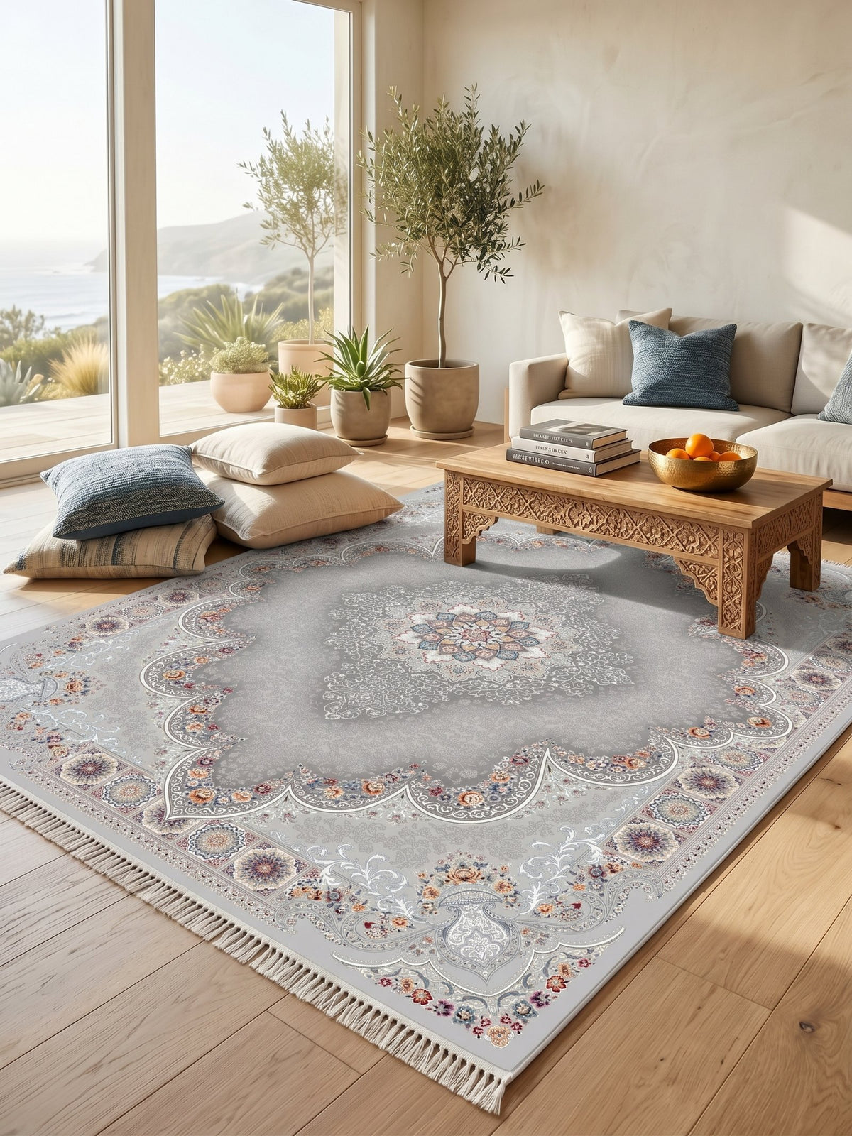 Light Gray Ornate Arch Medallion Persian Rug · 1200 Reeds — size 3x10Feet (91x300cm) 3Meters Runner shown to scale in a living room — Stylish Rugs & Carpets, Sacramento