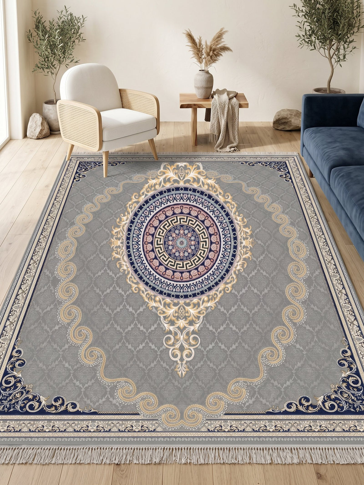 Silver Gray & Gold Scroll Persian Rug · 1200 Reeds — size 5x7.5 ft (150x230 cm) 3.5Meters shown to scale in a living room — Stylish Rugs & Carpets, Sacramento