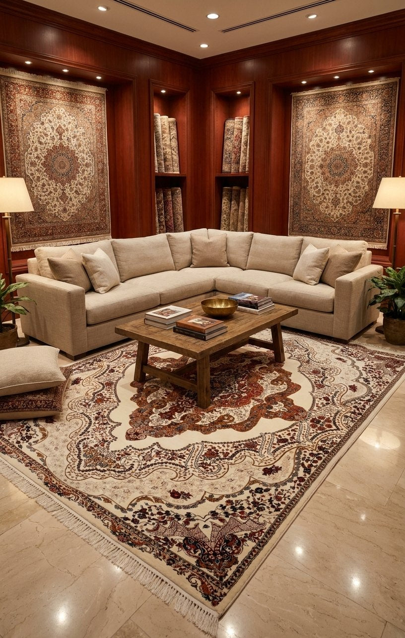 Luxury Cream & Brown Persian Rug — 1.5M Points — area rug styled in a room, Stylish Rugs & Carpets, Sacramento