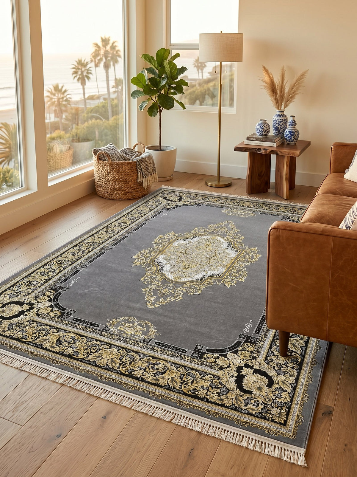 Dark Gray & Gold Shah Persian Rug styled in a room — Stylish Rugs & Carpets, Sacramento