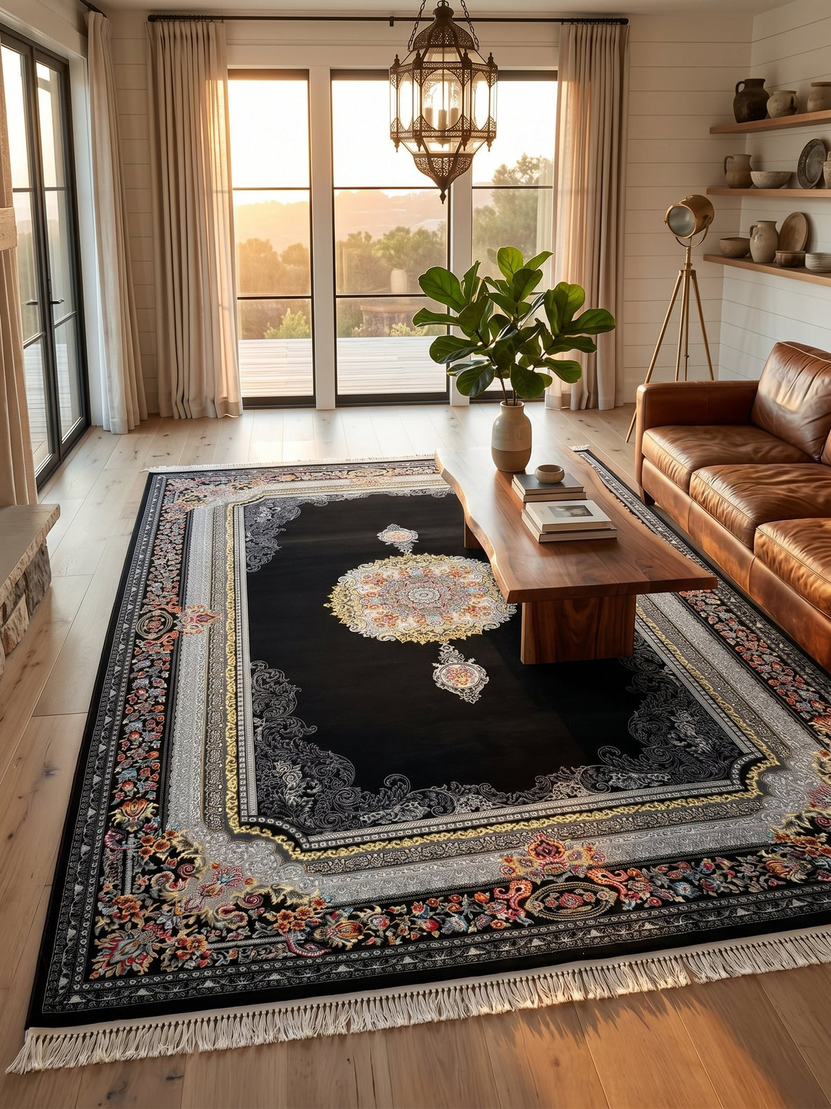 Cream & Black Medallion Persian Rug styled in a room — Stylish Rugs & Carpets, Sacramento
