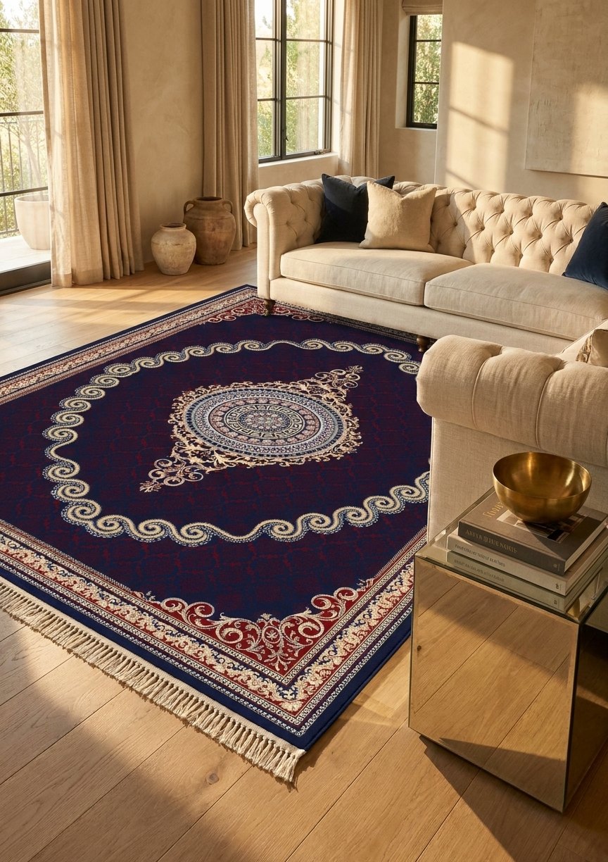 Red & Gold Scroll Persian Rug · 1200 Reeds — size 10x13 Feet (300x400 cm) 12Meters shown to scale in a living room — Stylish Rugs & Carpets, Sacramento