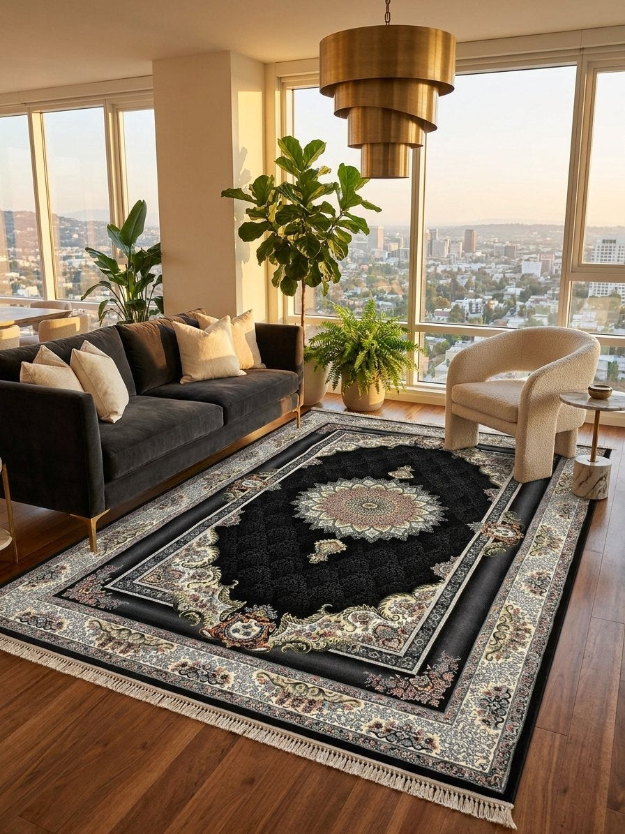 Black & Gold Floral Turkish Rug rug styled in a Sacramento home — Stylish Rugs & Carpets