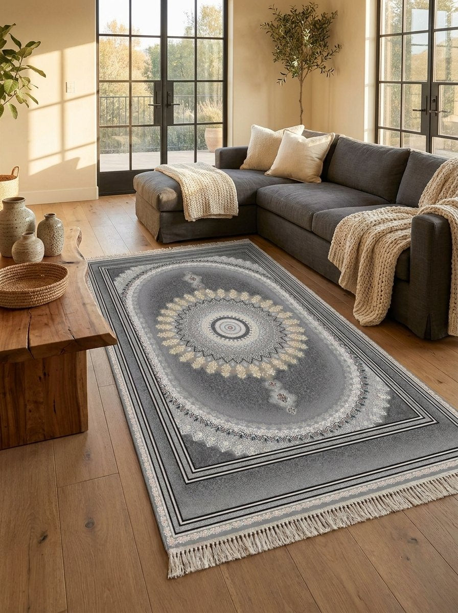 Dark Gray Medallion Persian Rug · 1200 Reeds — size 3x6Feet (91x200cm) 2Meters Runner shown to scale in a living room — Stylish Rugs & Carpets, Sacramento