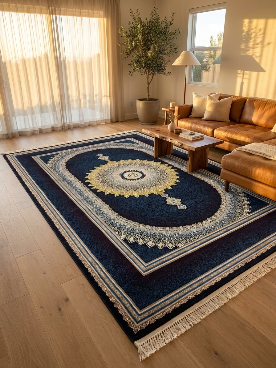 Navy & Burgundy Medallion Persian Rug · 1200 Reeds — size 10x13 Feet (300x400 cm) 12Meters shown to scale in a living room — Stylish Rugs & Carpets, Sacramento