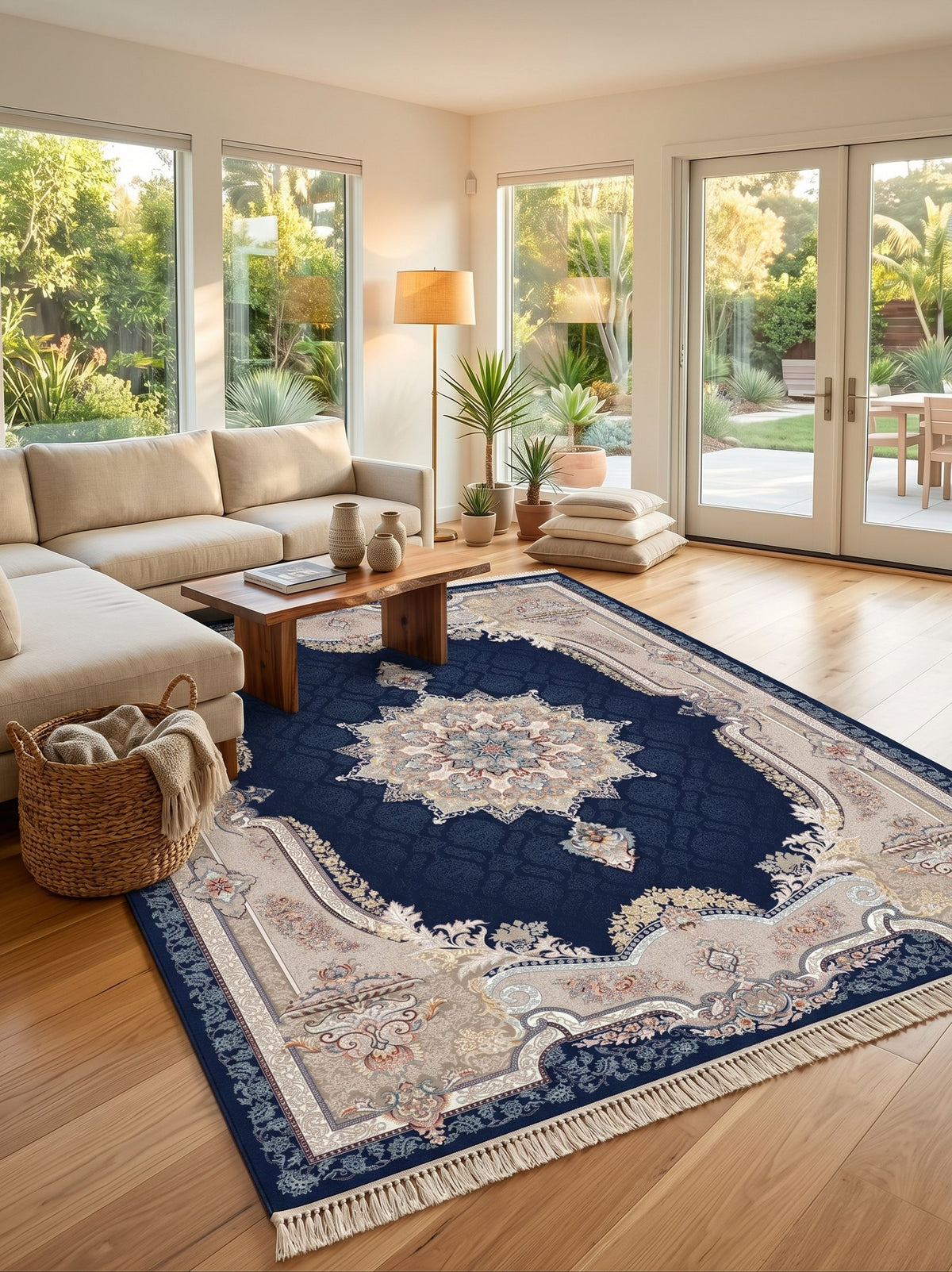 Deep Navy Ornate-Frame Persian Rug · 1200 Reeds — size 5x7.5 ft (150x230 cm) 3.5Meters shown to scale in a living room — Stylish Rugs & Carpets, Sacramento