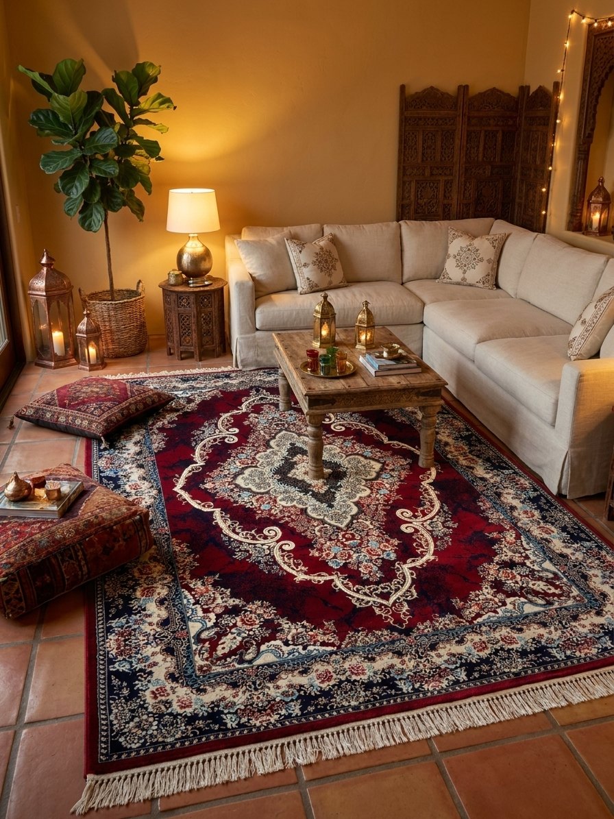 Star Persian Rug, Red Mix — 1200 Reeds — area rug styled in a room, Stylish Rugs & Carpets, Sacramento