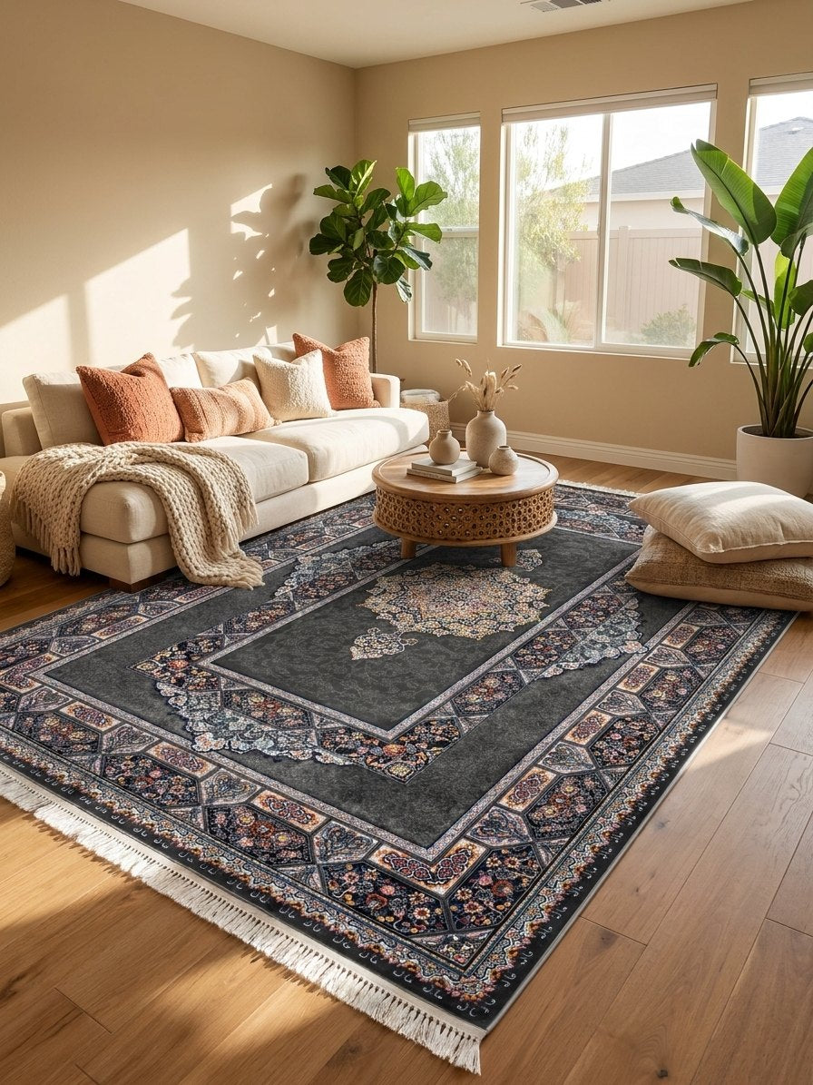 Dark Gray Medallion Persian Rug · 1200 Reeds — size 6.5x10 Feet (200x300 cm) 6Meters shown to scale in a living room — Stylish Rugs & Carpets, Sacramento