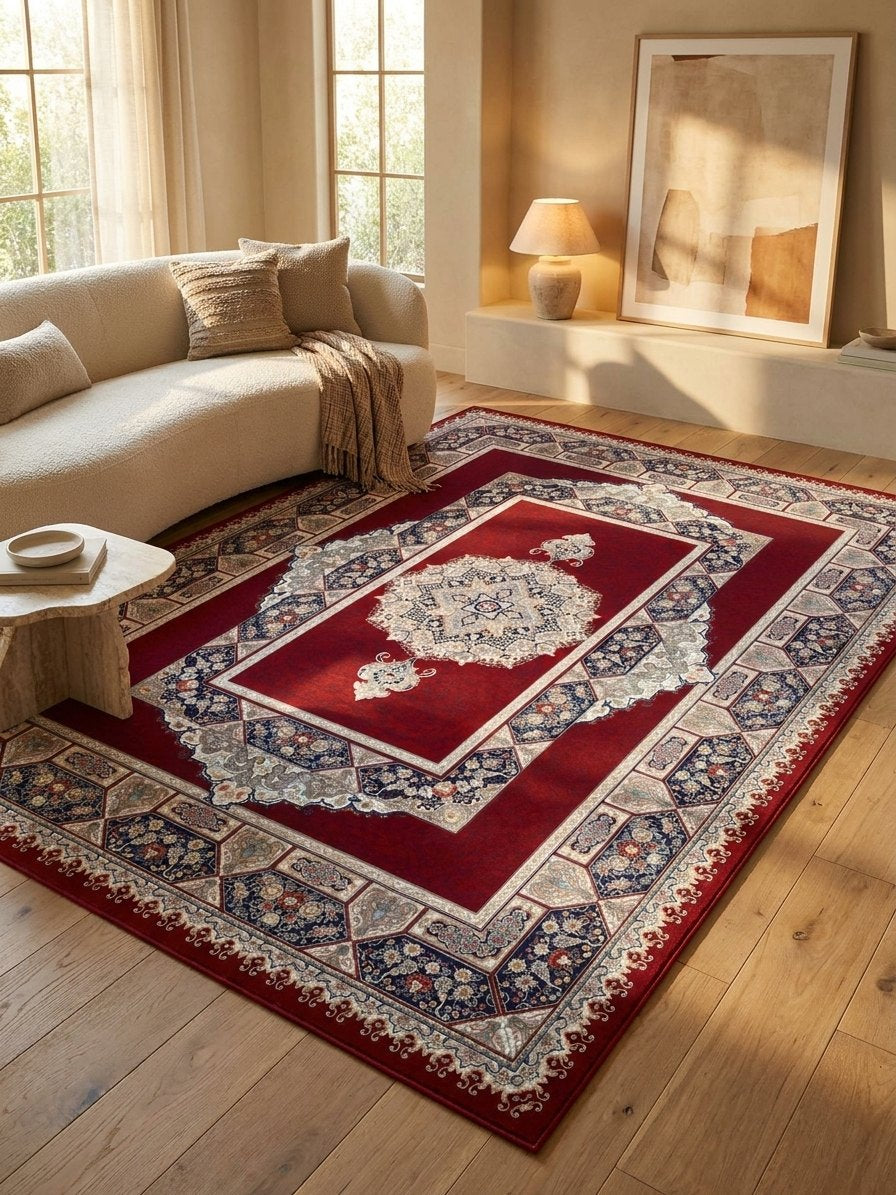Red Medallion Persian Rug · 1200 Reeds — size 8.2x11.5 Feet (250x350 cm) 9Meters shown to scale in a living room — Stylish Rugs & Carpets, Sacramento