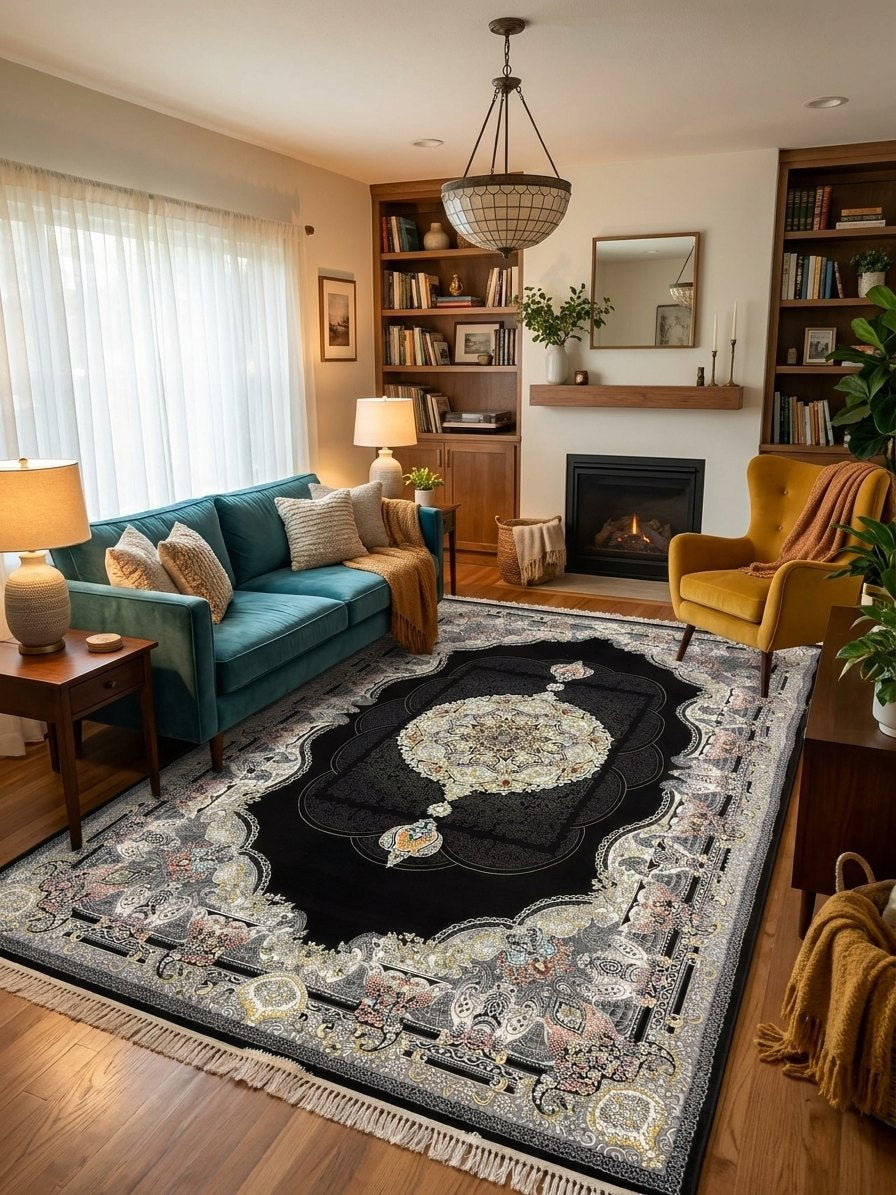 Black Paisley Turkish Rug rug styled in a Sacramento home — Stylish Rugs & Carpets