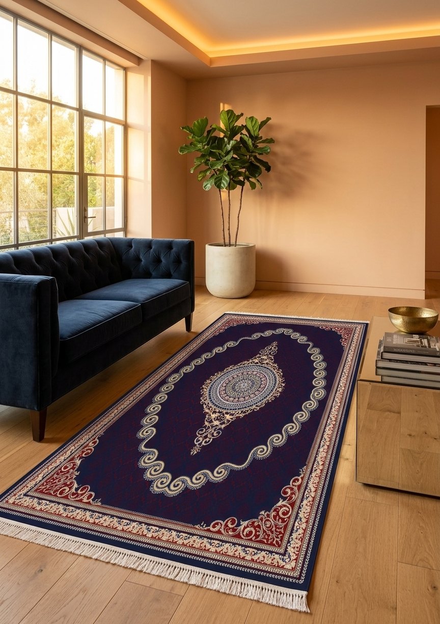 Red & Gold Scroll Persian Rug · 1200 Reeds — size 3x13 Feet (91x400 cm) 4Meters Runner shown to scale in a living room — Stylish Rugs & Carpets, Sacramento