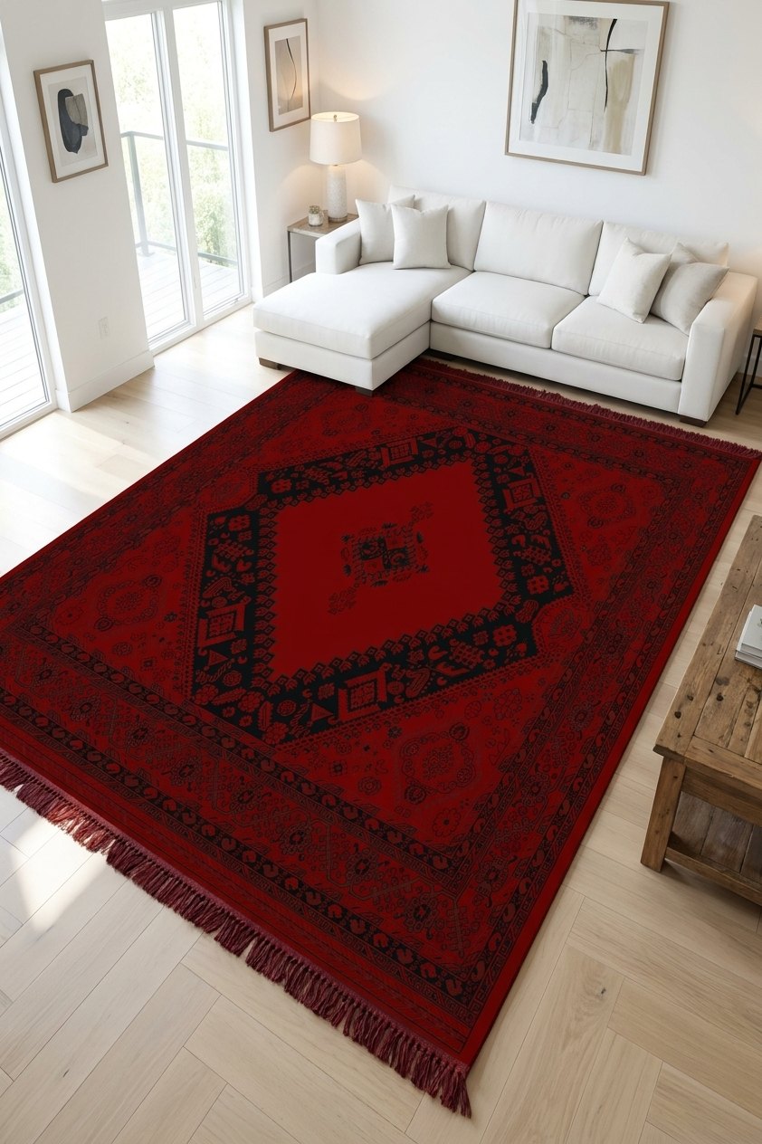 Red & Black Open Diamond Turkish Rug — area rug styled in a room, Stylish Rugs & Carpets, Sacramento