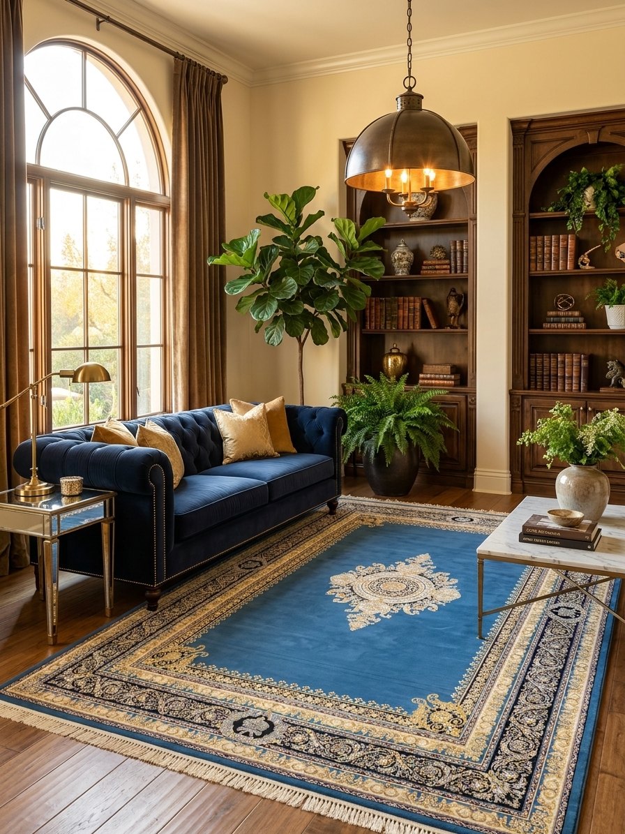 Navy Medallion Persian Rug rug styled in a Sacramento home — Stylish Rugs & Carpets