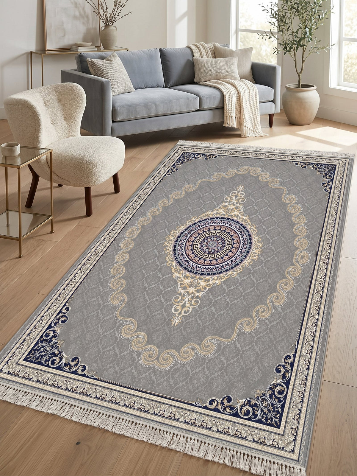 Silver Gray & Gold Scroll Persian Rug · 1200 Reeds — size 3x10Feet (91x300cm) 3Meters Runner shown to scale in a living room — Stylish Rugs & Carpets, Sacramento