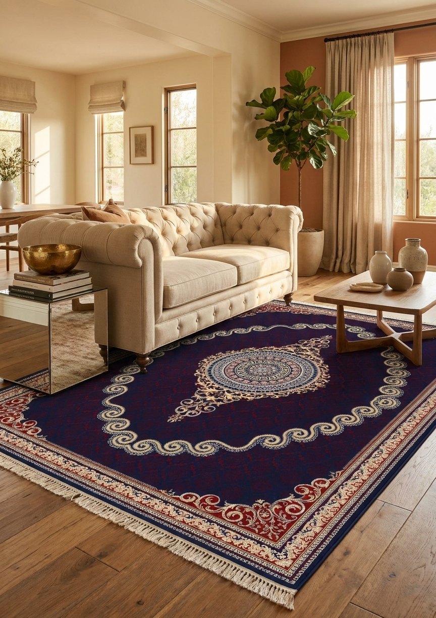 Red & Gold Scroll Persian Rug · 1200 Reeds — size 5x7.5 ft (150x230 cm) 3.5Meters shown to scale in a living room — Stylish Rugs & Carpets, Sacramento